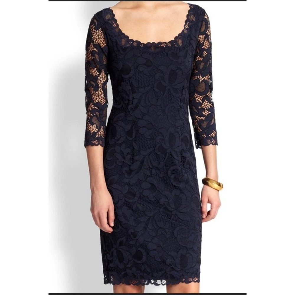 Josie Natori Dahlia Dress 10 Black Stretch Lace Sheath Career Church